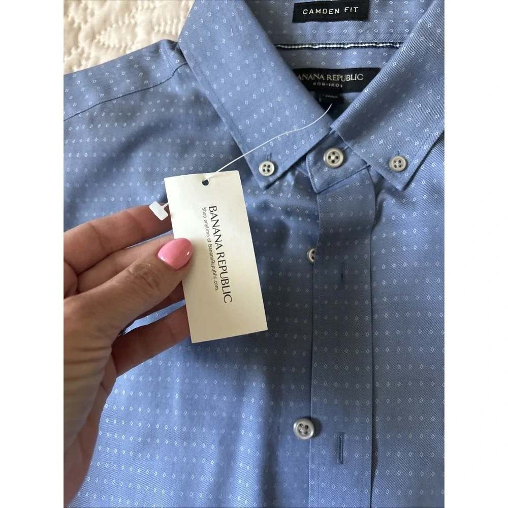 Banana Republic Camden Fit No-Iron Slim Fit Tailored Blue Dot Shirt Men's S NWT